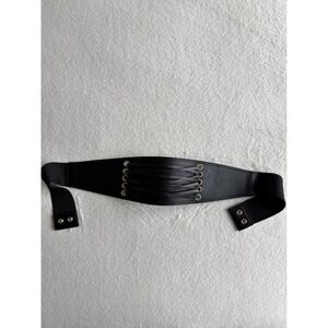 Halogen Corset Lace Up Wide Waist Belt Black Faux Leather Stretch M/L